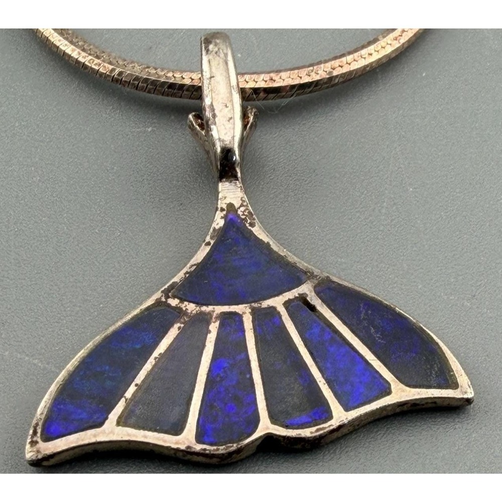 Vintage Whale Tail Charm Pendant Necklace Iridescent Opalescent Shimmer 925 16"